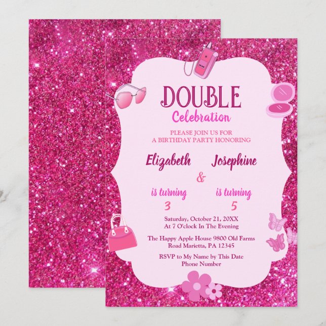 Rosa glitter dubbel födelsedagsfest för tjejer  inbjudningar (Fram/baksida)