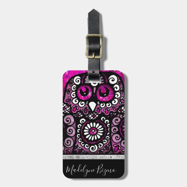 Rosa Glitter Elegant Black Girly Travel Bird Uggla Bagagebricka (Vertikal Framsida)