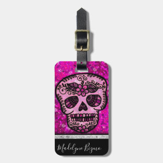 Rosa Glitter Elegant Black Skull Travel Monogram Bagagebricka