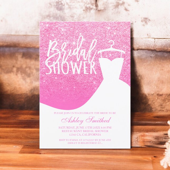 Rosa glitter elegant chic-Möhippa för  Inbjudningar (Pink glitter elegant chic dress Bridal shower Invitation)
