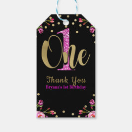 Rosa glitter EN svart blomstergestaltad 1-års föde Presentetikett