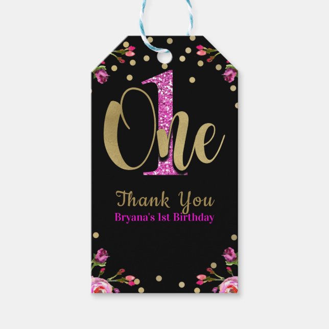 Rosa glitter EN svart blomstergestaltad 1-års föde Presentetikett (Framsidan)