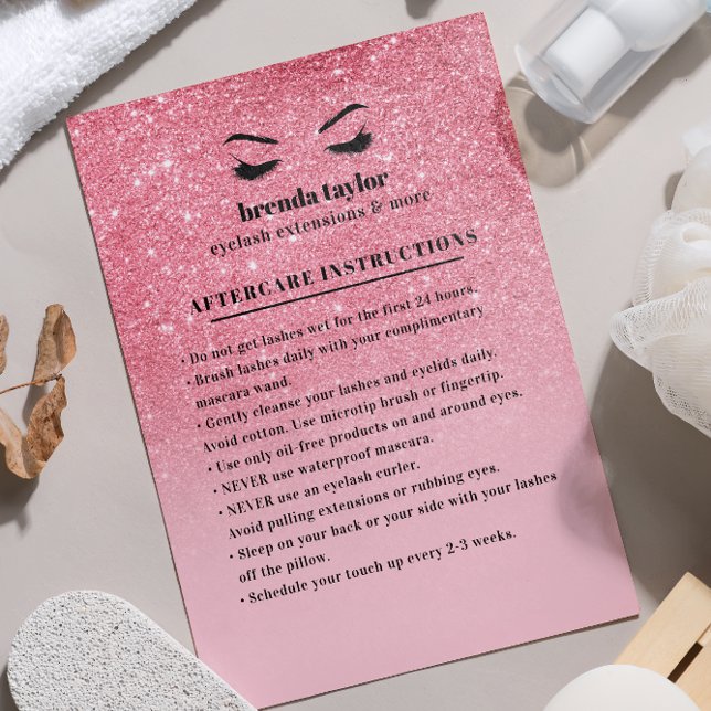 Rosa glitter Eyelash Brow Aftercare Instruktioner Visitkort (Skapare uppladdad)