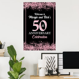 Rosa glitter falska blommor 50-årsjubileum poster