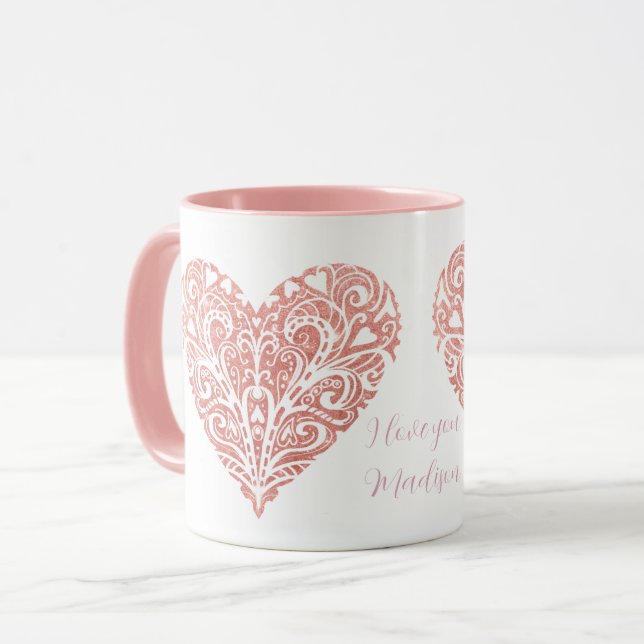 Rosa Glitter Filigree Personlig Valentine Mugg (Framsida vänster)