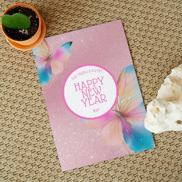 Rosa glitter fjäril nyårshälsningar  julkort