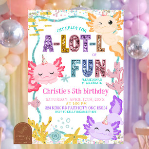 Rosa glitter flickig axolotl födelsedagsinbjudan inbjudningar
