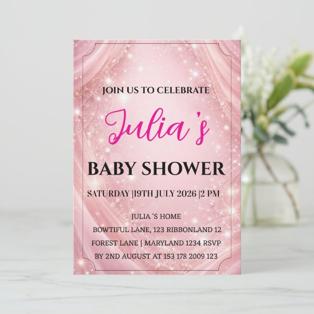Rosa glitter Flickig Bebis Shower Trender 2026 Inbjudningar (Stående Fram)