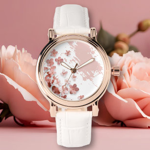 Rosa Glitter Flowers Blommigt Brushstroke Armbandsur