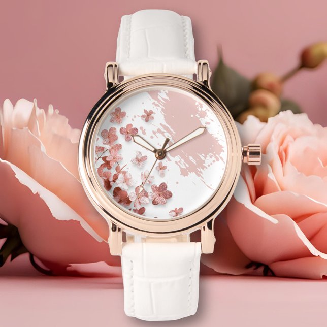 Rosa Glitter Flowers Blommigt Brushstroke Armbandsur (Skapare uppladdad)