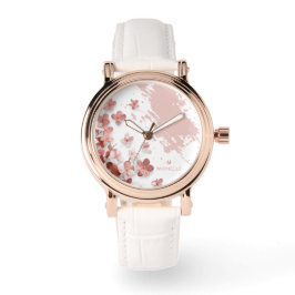 Rosa Glitter Flowers Blommigt Brushstroke Monogram Armbandsur