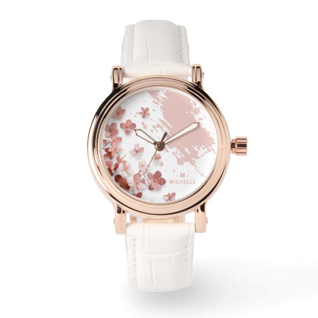Rosa Glitter Flowers Blommigt Brushstroke Monogram Armbandsur (Framsida)