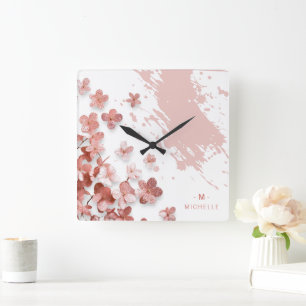Rosa Glitter Flowers Blommigt Brushstroke Monogram Fyrkantig Klocka