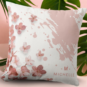 Rosa Glitter Flowers Blommigt Brushstroke Monogram Kudde