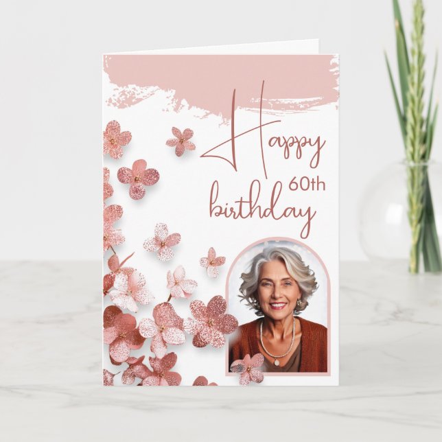 Rosa Glitter Flowers Blommigt Woman Photo Birthday Kort (Framsida)