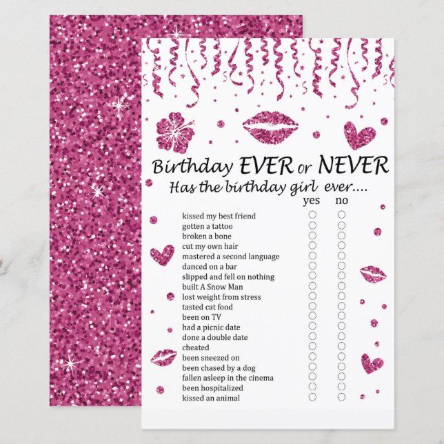 Rosa glitter födelsedag Aldrig eller aldrig (Fram/baksida)