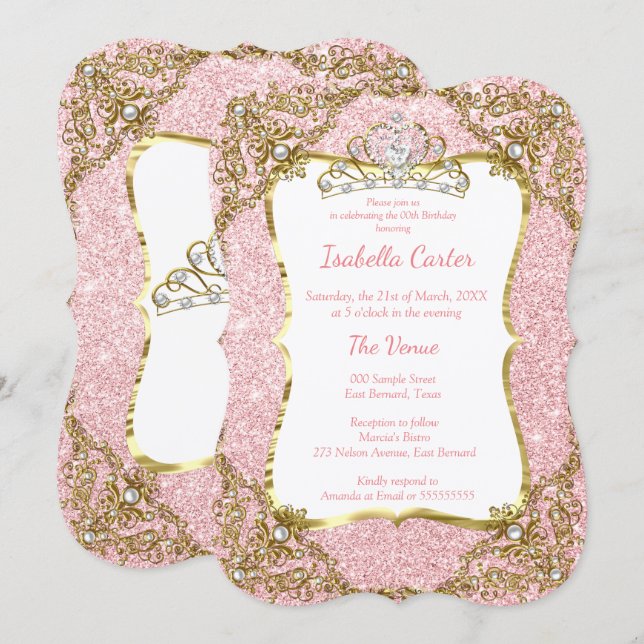 Rosa glitter födelsedagsfirande guld vit tiara inbjudningar (Fram/baksida)