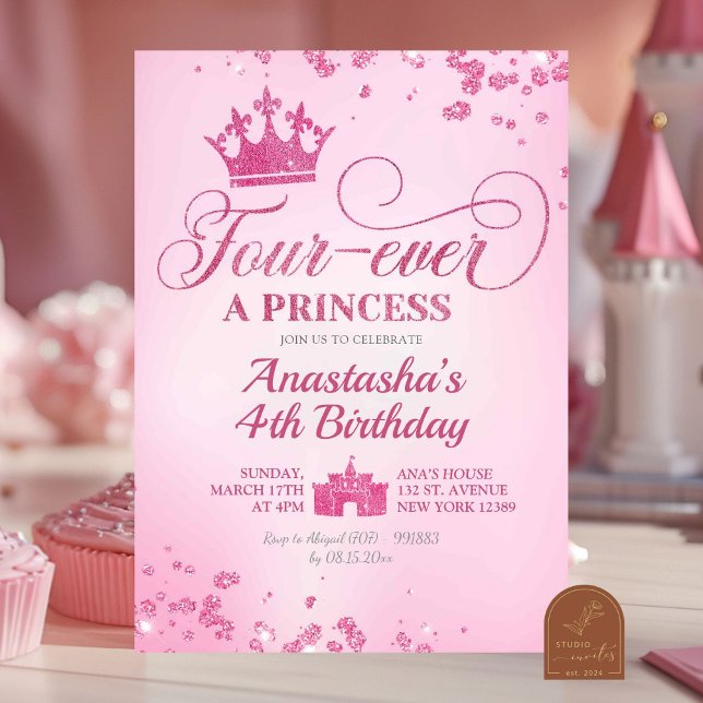 Rosa glitter Fourever a Princess födelsedag Inbjudningar (Skapare uppladdad)