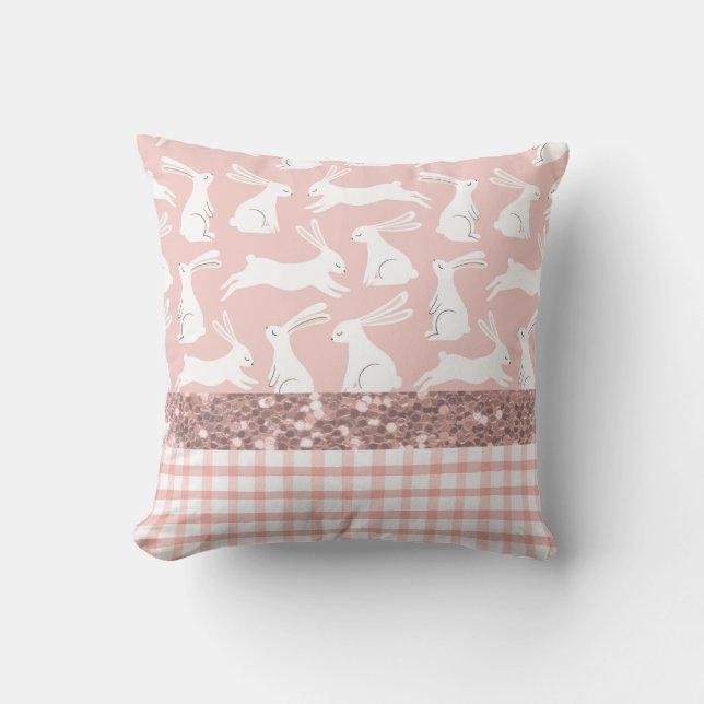 Rosa Glitter Gingham Play Rabbits Kudde (Framsida)