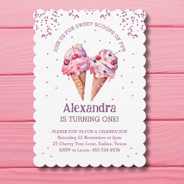 Rosa Glitter Girl Ice Cream 1:a födelsedagen Inbjudningar