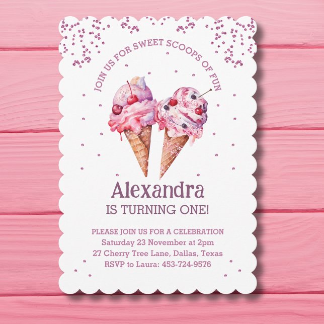 Rosa Glitter Girl Ice Cream 1:a födelsedagen Inbjudningar (Skapare uppladdad)