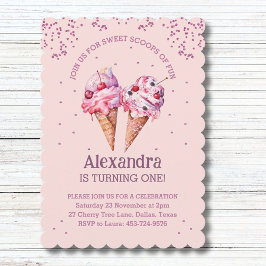 Rosa Glitter Girl Ice Cream 1:a födelsedagen Party Inbjudningar