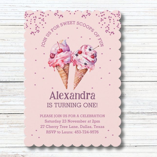 Rosa Glitter Girl Ice Cream 1:a födelsedagen Party Inbjudningar (Skapare uppladdad)