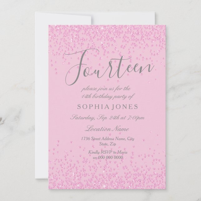 Rosa Glitter Girls 14:e Födelsedagsfesten Inbjudan (Framsida)