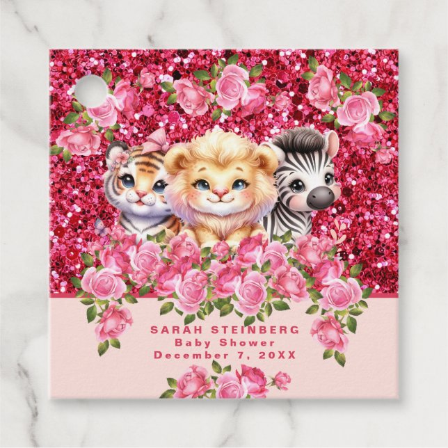 Rosa Glitter GIrls babyskor Vilda djur Gåvor Etiketter (Framsida)