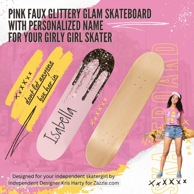  Rosa Glitter Girly Gnistra Personlig Namn Mini Skateboard Bräda 18,5 Cm (Girl power for your authentic skatergirl with this personalized pink skateboard with faux glitter.)