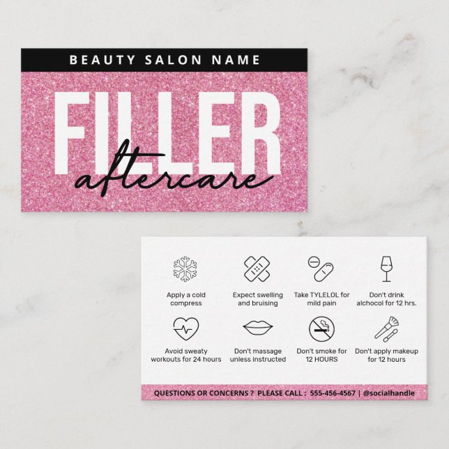 Rosa Glitter Glam Filler Eftervårdsguide Visitkort (Fram/baksida)