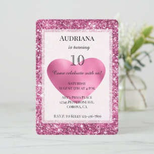 Rosa Glitter Glam Heart Birthday Inbjudningar