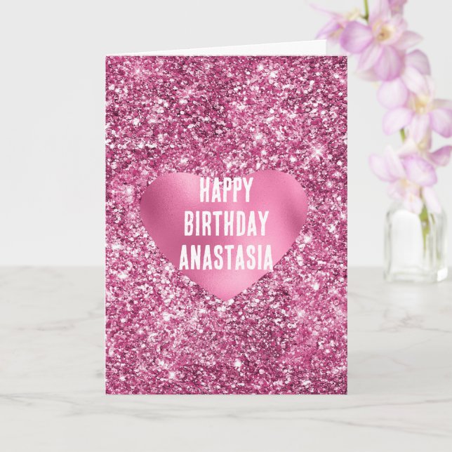 Rosa Glitter Glam Heart Birthday Kort (Orkide)