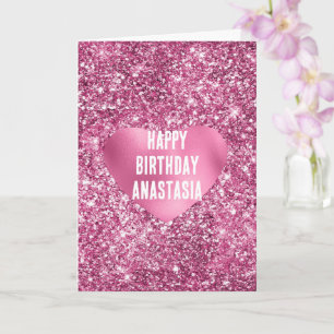 Rosa Glitter Glam Heart Birthday Kort