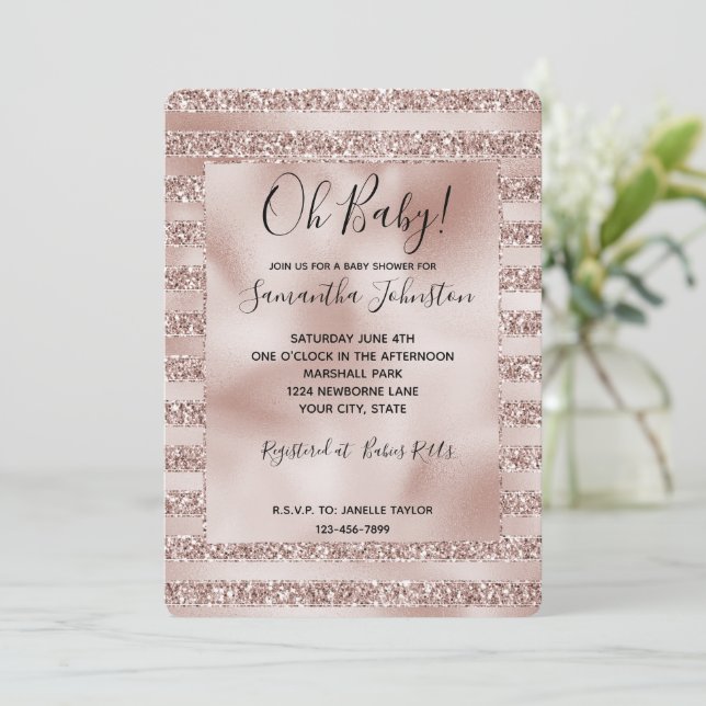  Rosa Glitter Glam Rand Babydusch Inbjudningar (Stående Fram)