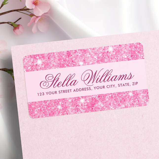 Rosa glitter glam-returadress adressetikett (Pink glitter girly glam return address label)