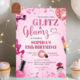 Rosa glitter glans och glamör smink födelsedagsfes inbjudningar