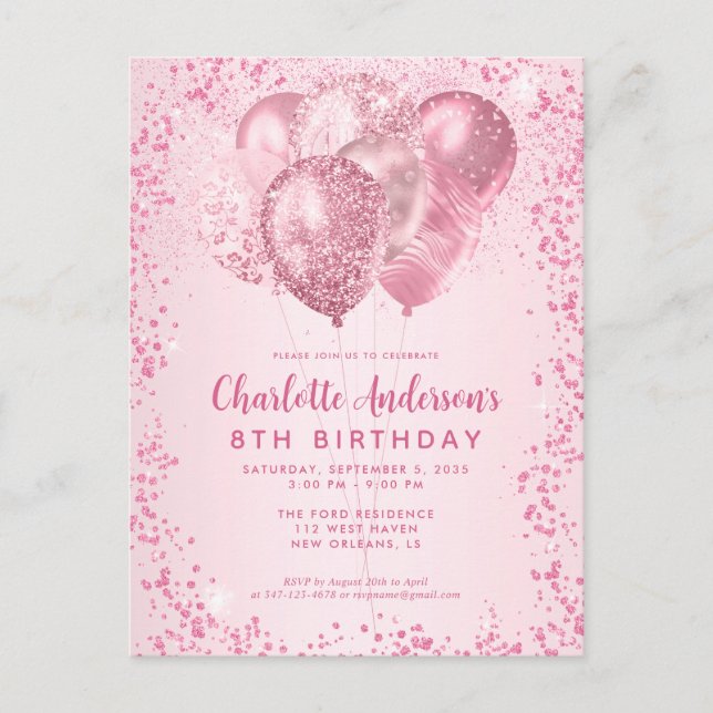  Rosa Glitter Gnistra Balloon Barns födelsedag Vykort (Framsida)