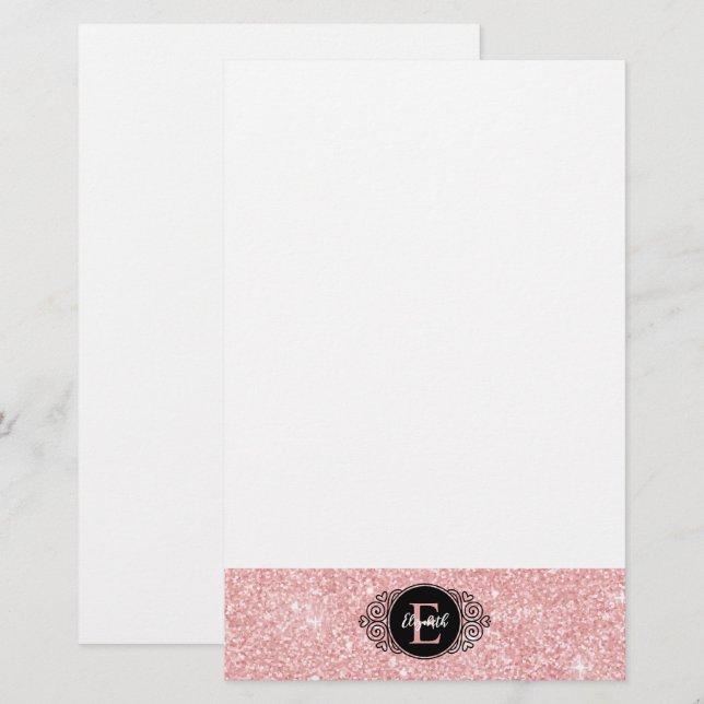 Rosa Glitter Gnistra Monogram Personal Brevpapper (Fram/baksida)