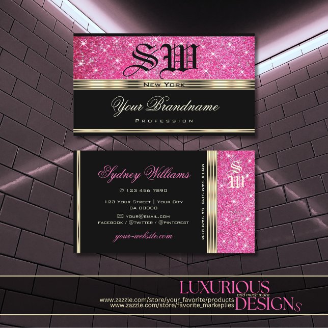 Rosa Glitter Gnistra Stars Monogram Guld och svart Visitkort (Skapare uppladdad)