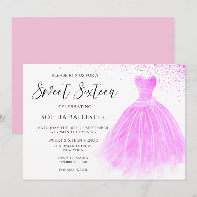 Rosa  Glitter Gown Sweet 16-partsinbjudan Inbjudningar (Fram/baksida)