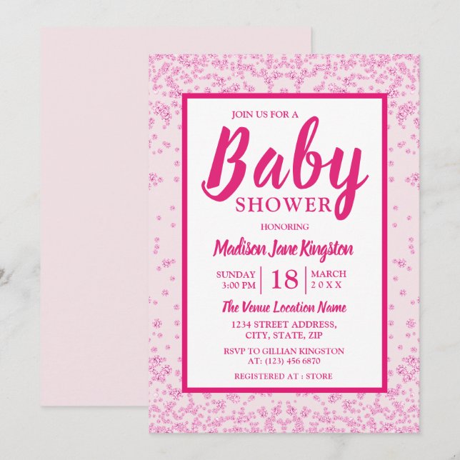Rosa Glitter Gräns Girly Baby Shower Inbjudan (Fram/baksida)
