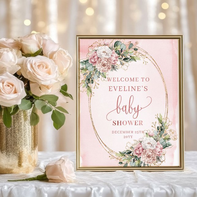 Rosa glitter grönska välkommen baby shower  poster (Blush Pink Greenery Glitter Welcome Baby Shower Sign)