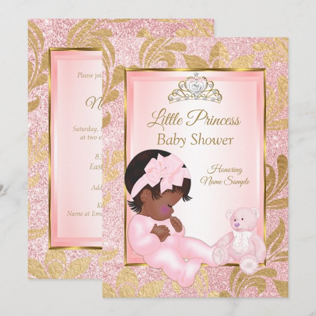 Rosa glitter guld baby shower björn etniskt inbjudningar (Fram/baksida)