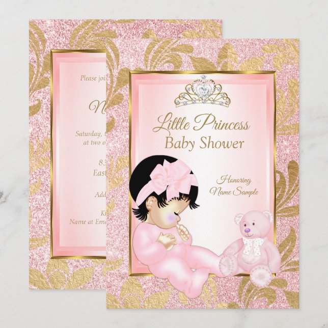 Rosa glitter guld baby shower björn inbjudningar (Fram/baksida)