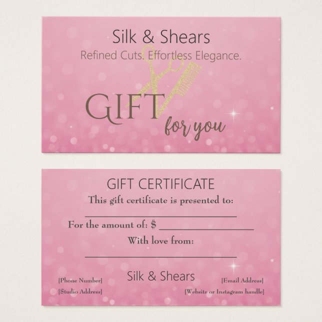 Rosa Glitter & Guld Hair Studio Gift Certificate Visitkort (Framsida & baksida)