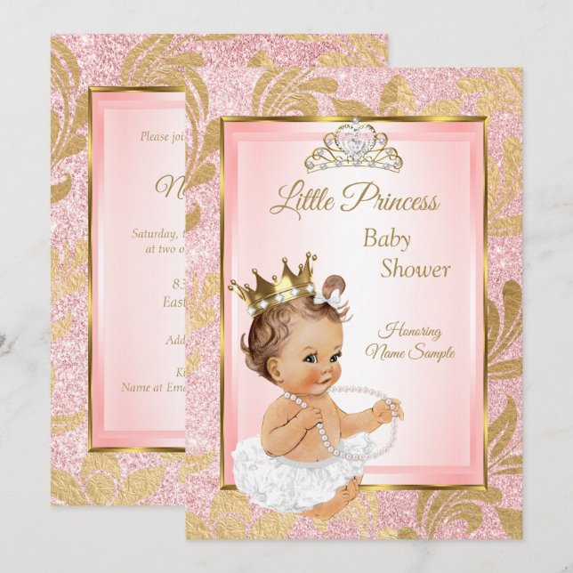 Rosa Glitter Guld Princess Baby Shower Brunette Inbjudningar (Fram/baksida)