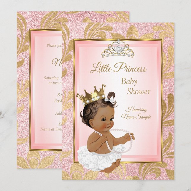 Rosa glitter guld prinsessa baby shower etniskt inbjudningar (Fram/baksida)