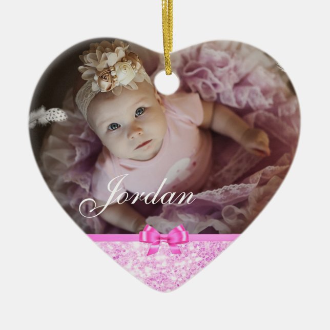 Rosa Glitter Heart Baby Photo jul Ornament (Framsidan)