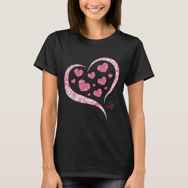Rosa Glitter Heart Romantic Happy Valentine Day T Shirt (Framsida)